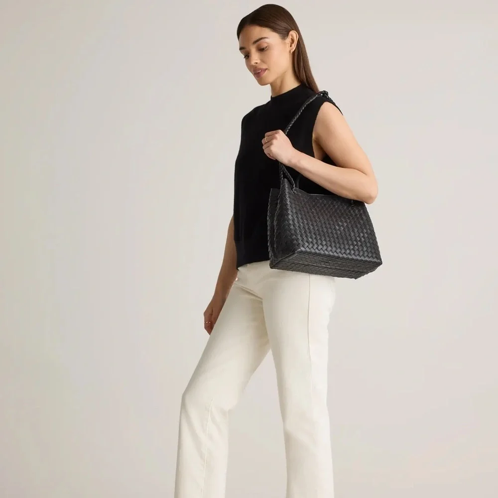 Quince Italian Leather Handwoven Satchel Black Large NIB - Picture 5 of 9